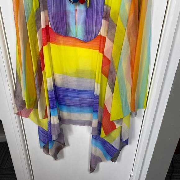 Petit Pois Viviana G Sheer Mesh Poncho XS | Striped Beaded Pom Pom Boho Top - Picture 5 of 11